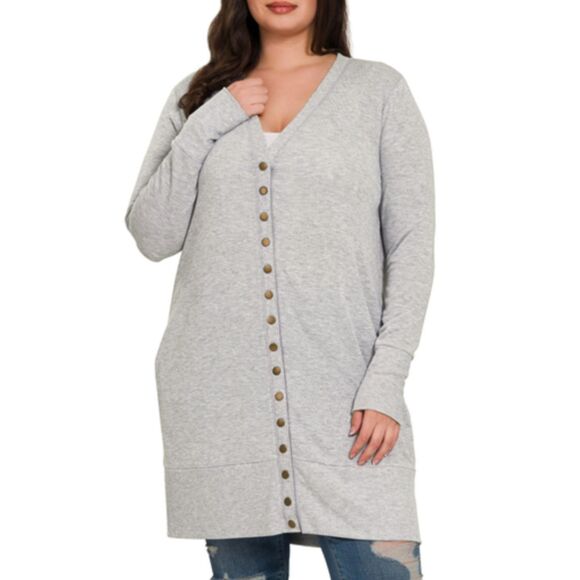 Zenana Plus 2X 18 20 Gray Cardigan Sweater V-Neck Snaps Slim Fit Pockets NEW - Picture 5 of 5